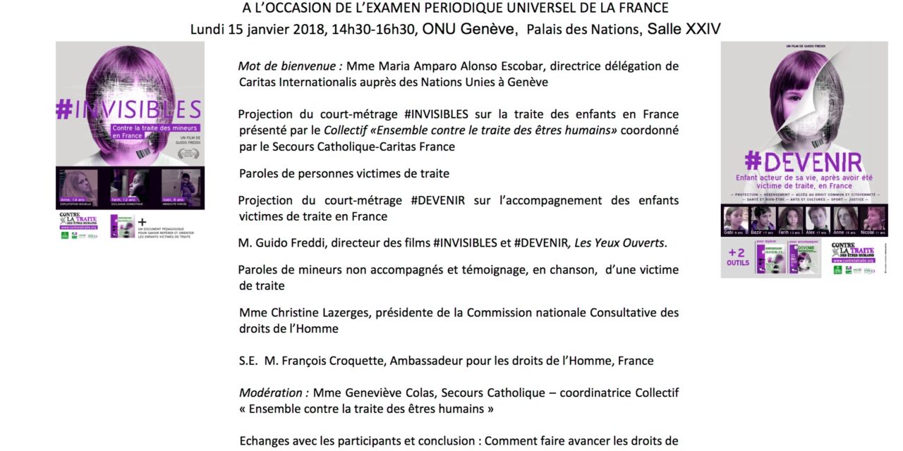 15 janvier 2018 / CARITAS INTERNATIONALIS — ONU GENEVE : Un message optimiste pour l’amélioration des droits de l’homme en France / Traite des êtres humains