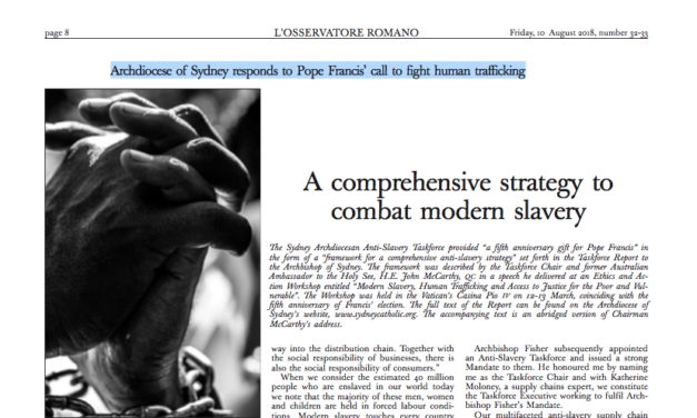 L’OSSERVATORE ROMANO: Archdiocese of Sydney responds to Pope Francis’ call to fight human trafficking (MCCARTHY)