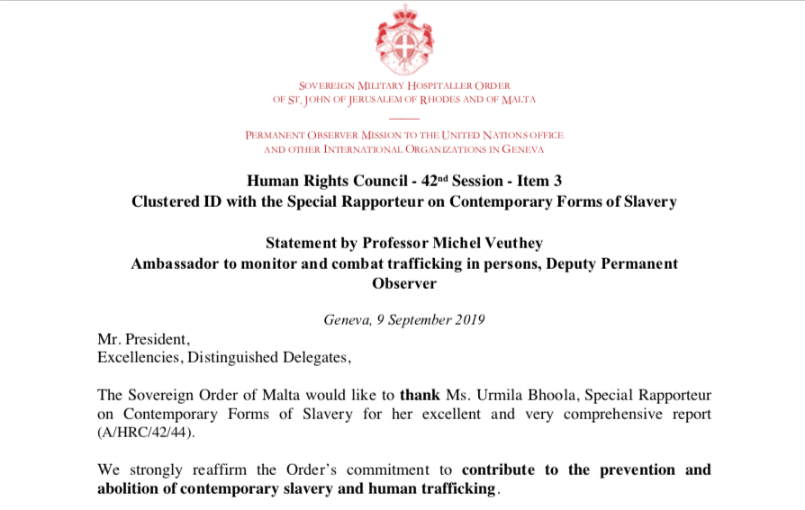Contemporary Slavery — Statement by the Sovereign Order of Malta — Human Rights Council — Palais des Nations, Genève — 9.9.2019