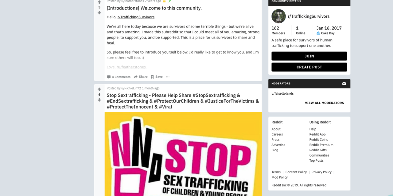 REDDIT Trafficking Survivors Community Forum