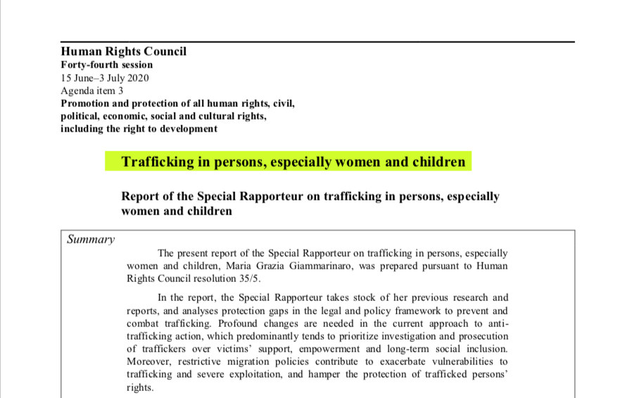 A/HRC/44/45 — UN GENEVA Report on Trafficking in Persons, presented by Ms. Maria Grazia Giammarinaro, Special Rapporteur on trafficking in persons, especially women and children