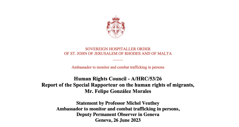 Human Rights Council — A/HRC/53/34 /28 /26 —  Interventions of Michel Veiuthey for: the promotion and protection of human rights in the context of climate change / Trafficking in persons, especially women and children /  Human rights of migrants