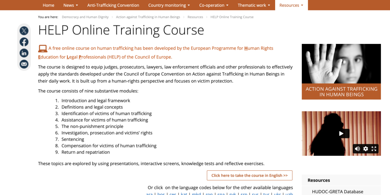 COUNCIL OF EUROPE: HELP Online Training Course AGAINST HT FOR judges, prosecutors, lawyers, law enforcement officials and other professionals