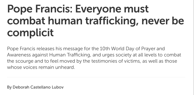 Pope Francis: Everyone must combat human trafficking, never be complicit
