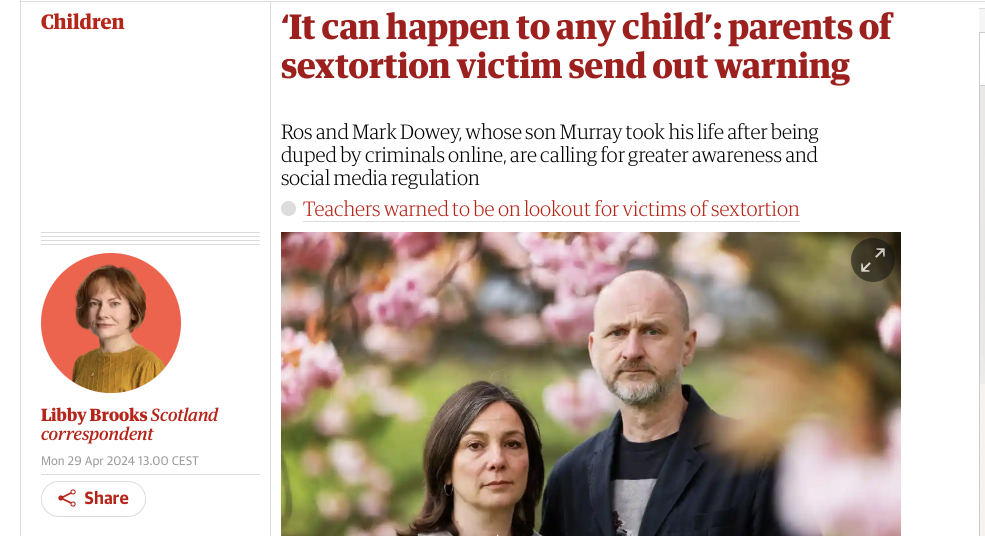THE GUARDIAN — It can happen to any child’: parents of sextortion victim send out warning