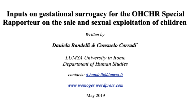 Inputs on gestational surrogacy for the OHCHR Special Rapporteur on the sale and sexual exploitation of children