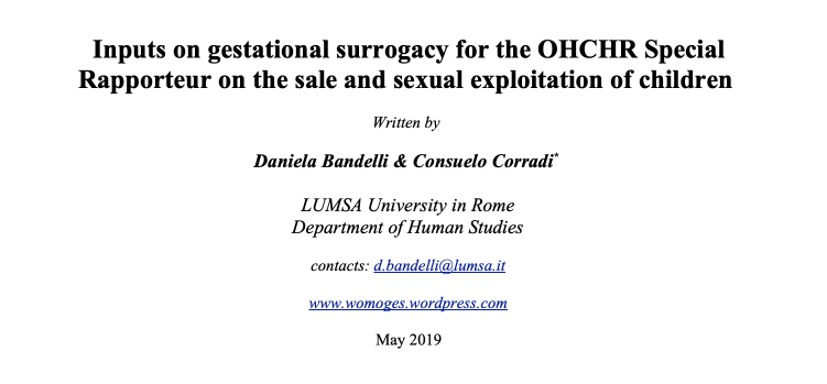 Inputs on gestational surrogacy for the OHCHR Special Rapporteur on the sale and sexual exploitation of children
