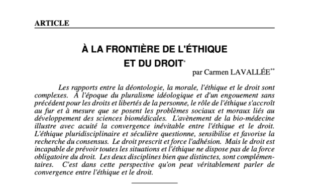 Carmen LAVALLÉE : À LA FRONTIÈRE DE L’ÉTHIQUE ET DU DROIT