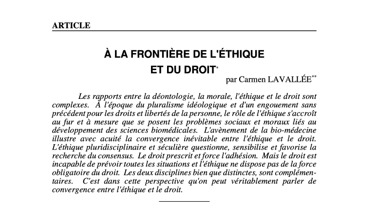 Carmen LAVALLÉE : À LA FRONTIÈRE DE L’ÉTHIQUE ET DU DROIT