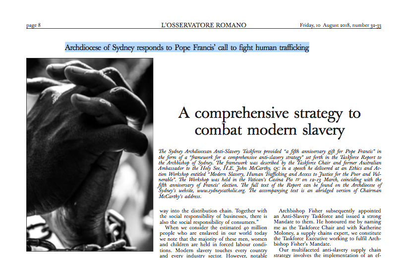 L’OSSERVATORE ROMANO: Archdiocese of Sydney responds to Pope Francis’ call to fight human trafficking (MCCARTHY)